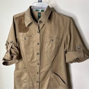 Ralph Lauren 100% cotton safari dress petite large button-down shirt dress patch